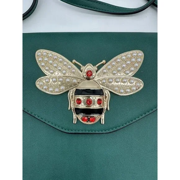 Bumble Bee Purse Shoulder Bag Green Queen Embellished Faux Pearl Rhinestone - Picture 5 of 12